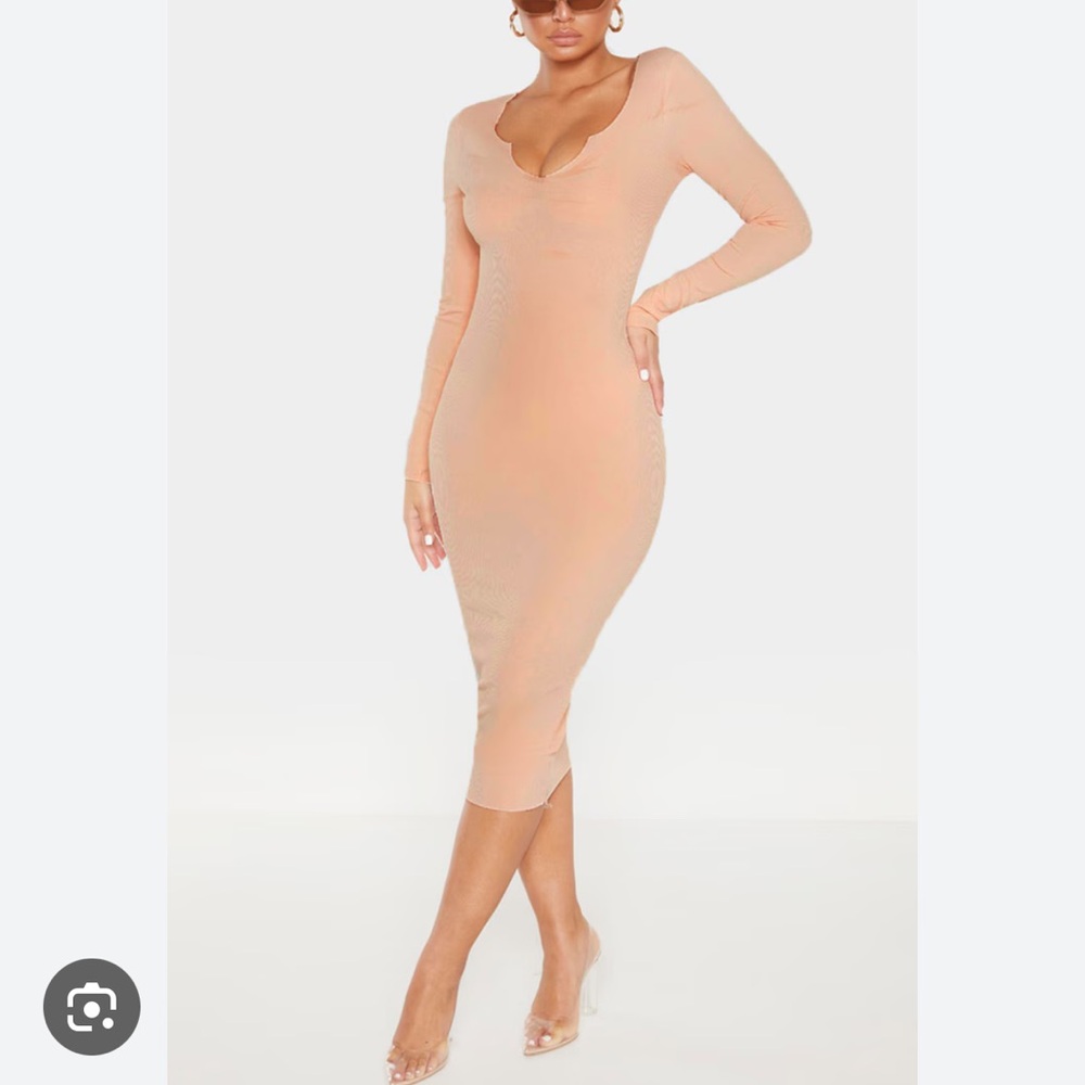Pretty little thing peach raw hem ribbed Elegant Peach Long Sleeve Dress